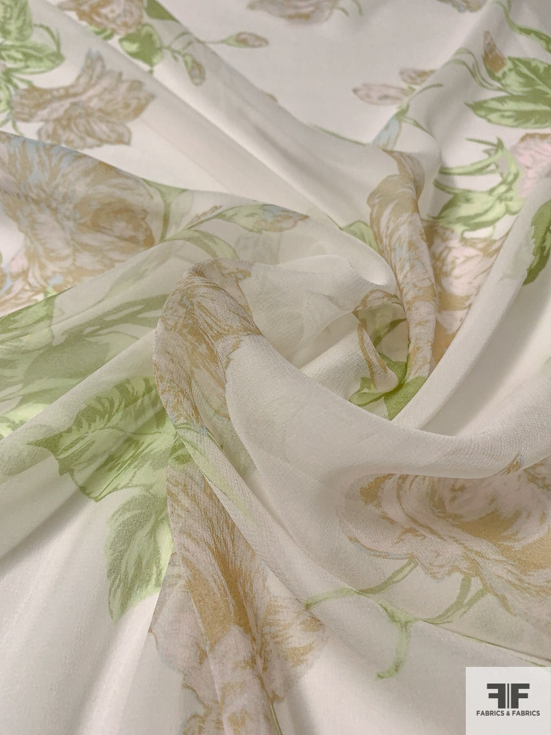 Large-Scale Floral Bouquet Printed Silk Chiffon - Shades of Pink / Greens / Tan