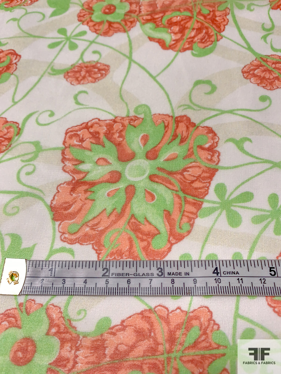 Viny Web Floral Printed Silk Chiffon - Neon Green / Coral / Off-White