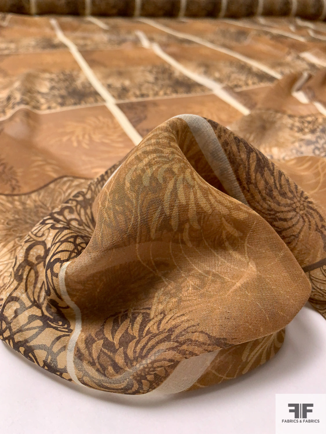 Tentacle and Floral Grid Printed Silk Chiffon - Caramel / Brown / Tan / Cream