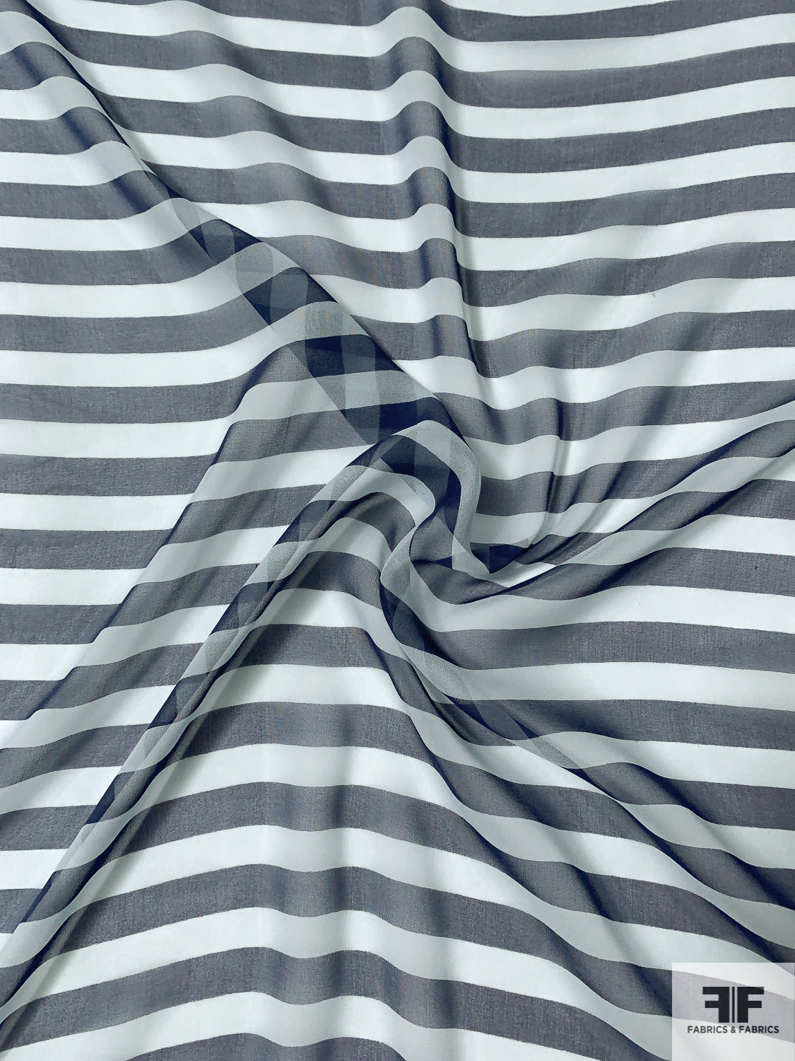 Horizontal Striped Printed Silk Chiffon - Navy / Light Sky Blue