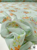 Dainty Floral Bouquets Printed Silk Chiffon - Pastel Aqua / Orange / Violet