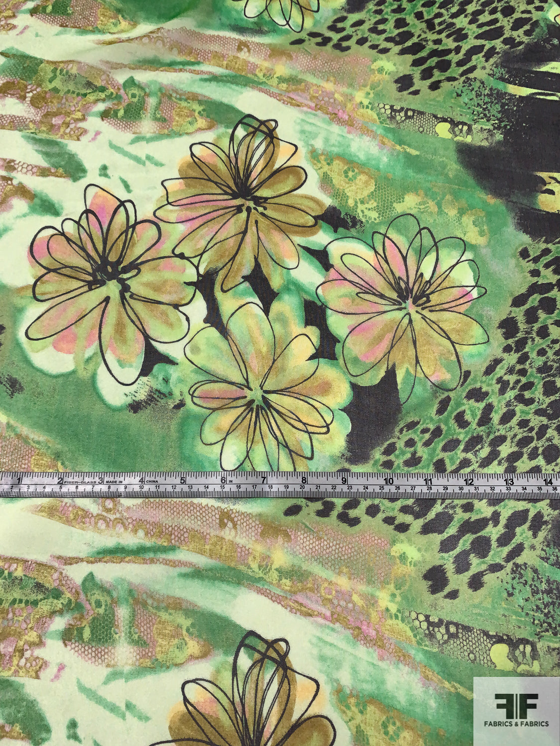 Painterly Floral and Animal Pattern Collage Silk Chiffon - Shades of Green / Black / Pink
