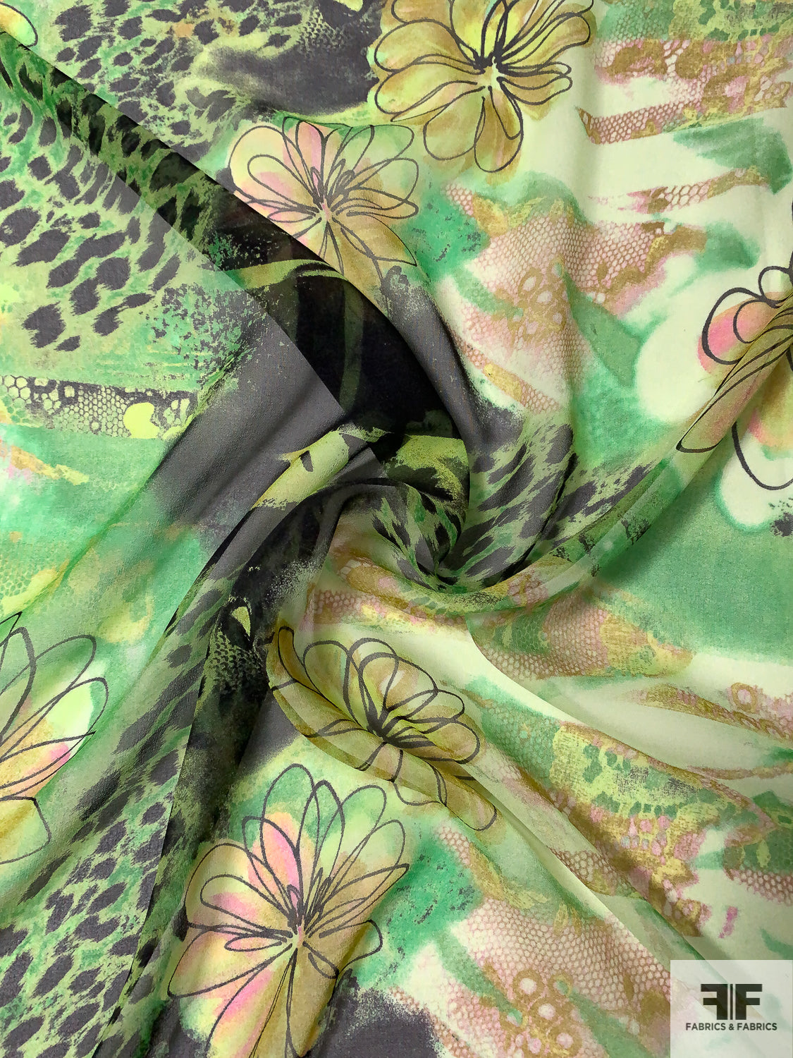 Painterly Floral and Animal Pattern Collage Silk Chiffon - Shades of Green / Black / Pink