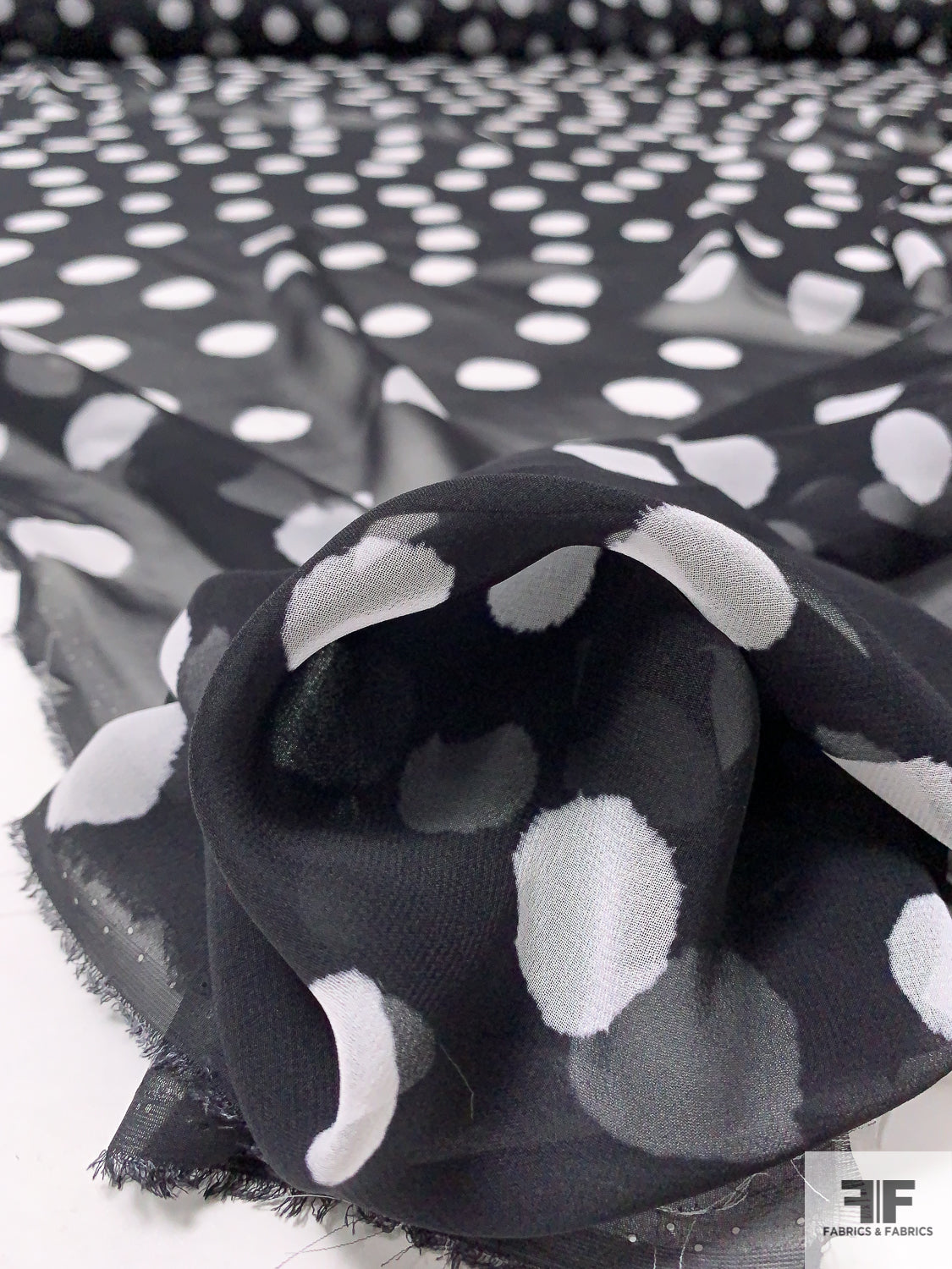 Italian Painterly Polka Dot Printed Silk Chiffon - Black / White