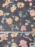 Watercolor Floral Printed Silk Chiffon - Smokey Teal / Smokey Yellow / Orchid / Black