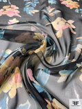 Watercolor Floral Printed Silk Chiffon - Smokey Teal / Smokey Yellow / Orchid / Black