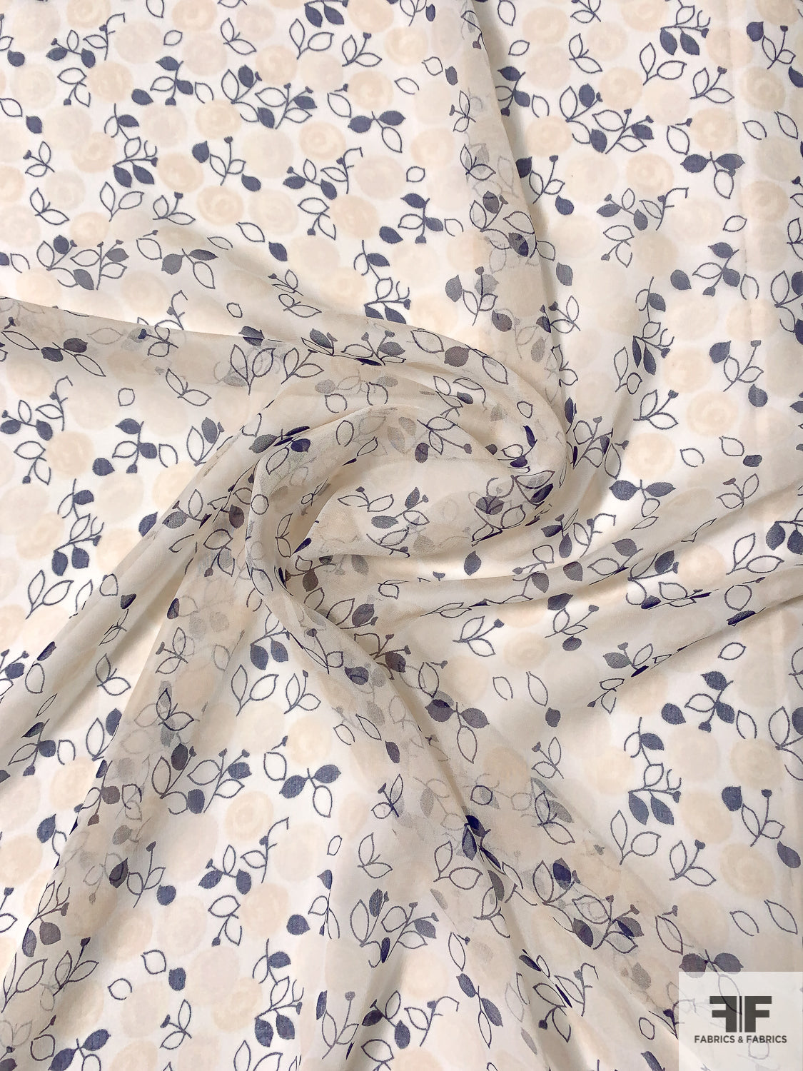 Dainty Floral Printed Silk Chiffon - Navy / Light Nude / Light Ivory