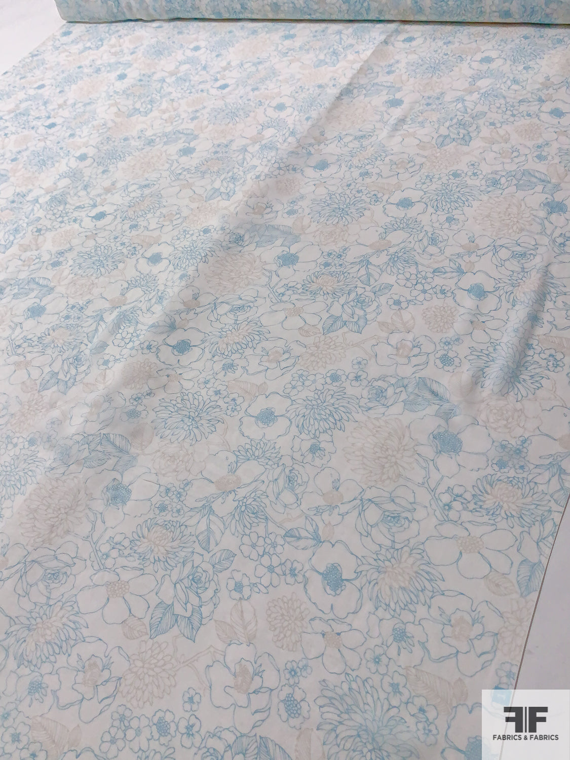Sketch Floral Printed Silk Chiffon - Baby Blue / White