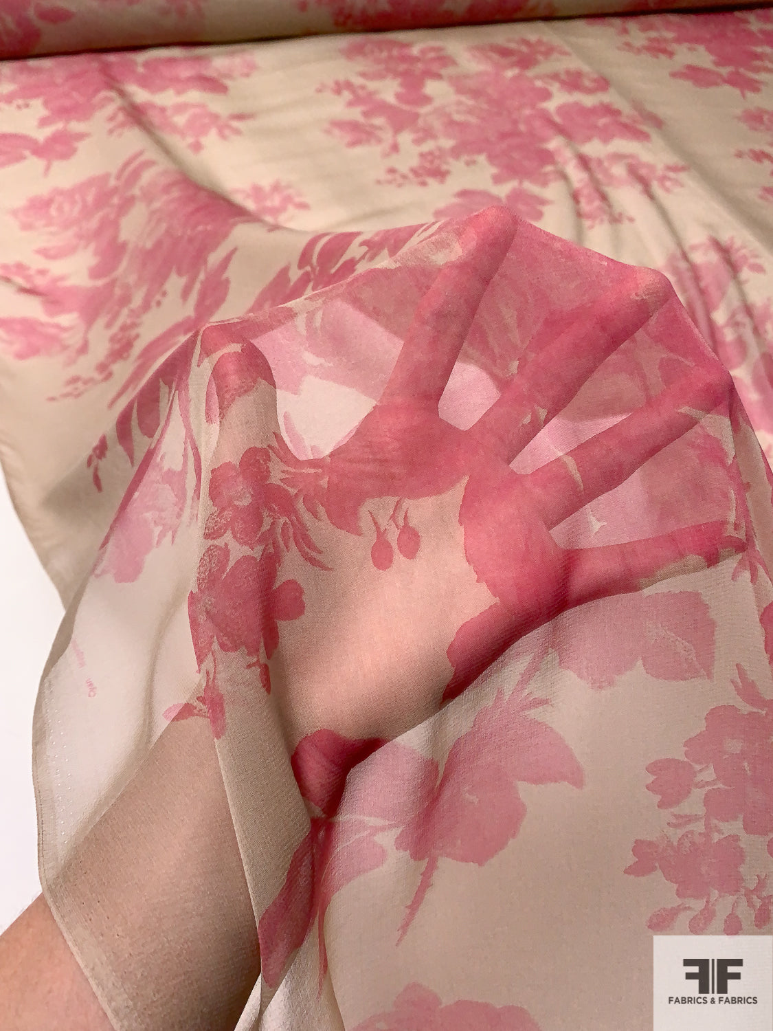 Large-Scale Floral Bouquets Printed Silk Chiffon - Berry Pink / Tan