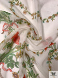 Floral Vines Printed Silk Chiffon - Greens / Deep Coral-Orange / White