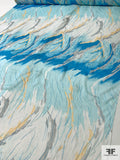 Abstract Flaming Striations Printed Fine Silk Chiffon - Summer Blue / Light Gold / Light Grey
