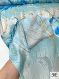 Abstract Flaming Striations Printed Fine Silk Chiffon - Summer Blue / Light Gold / Light Grey