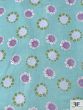 Flowers in Circles Printed Silk Chiffon - Soft Turquoise / Orchid Purple / Greens