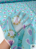 Flowers in Circles Printed Silk Chiffon - Soft Turquoise / Orchid Purple / Greens