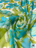 Watercolor Floral Printed Silk Chiffon - Turquoise / Lime Green / Off-White
