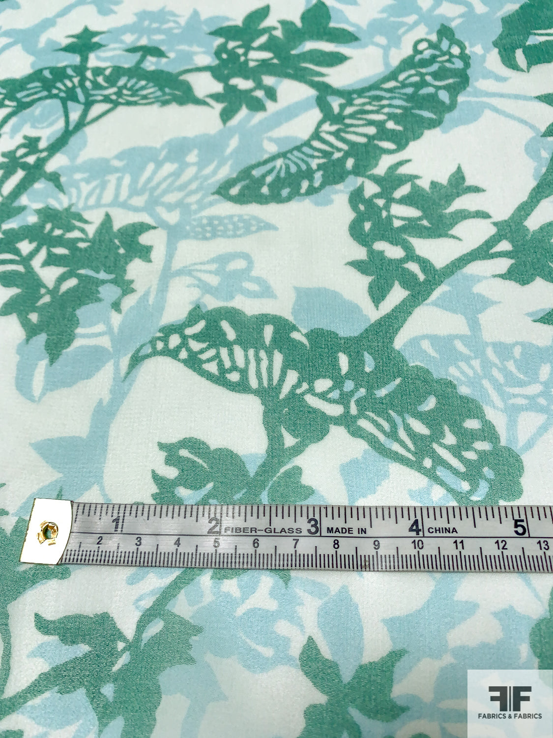 Leaf and Branch Silhouette Printed Silk Chiffon - Oceanic Green / Sky Blue / Off-White
