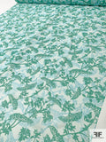 Leaf and Branch Silhouette Printed Silk Chiffon - Oceanic Green / Sky Blue / Off-White