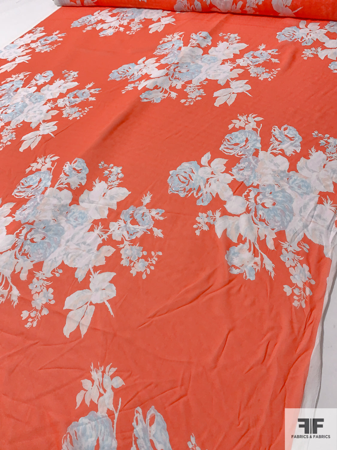 Large-Scale Floral Bouquets Printed Silk Chiffon - Coral Orange / Soft White / Sky Blue