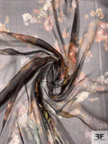 Italian Cloudy Floral Printed Crinkled Silk Chiffon - Espresso / Multicolor
