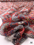 Mediterranean Boho Printed Silk Chiffon - Red / Blue / Off-White / Black
