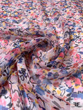 Italian Watercolor Floral Field Printed Fine Silk Chiffon - Blues / Pinks / Yellow / White
