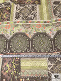 Bohemian Geometric Collage Printed Crinkled Silk Chiffon - Lime Green / Brown / Coral