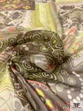 Bohemian Geometric Collage Printed Crinkled Silk Chiffon - Lime Green / Brown / Coral