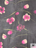 Large Scale Floral Printed Silk Chiffon - Magenta / Black / Green