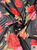 Bold Floral Printed Silk Chiffon - Hot Coral / Black / Olive