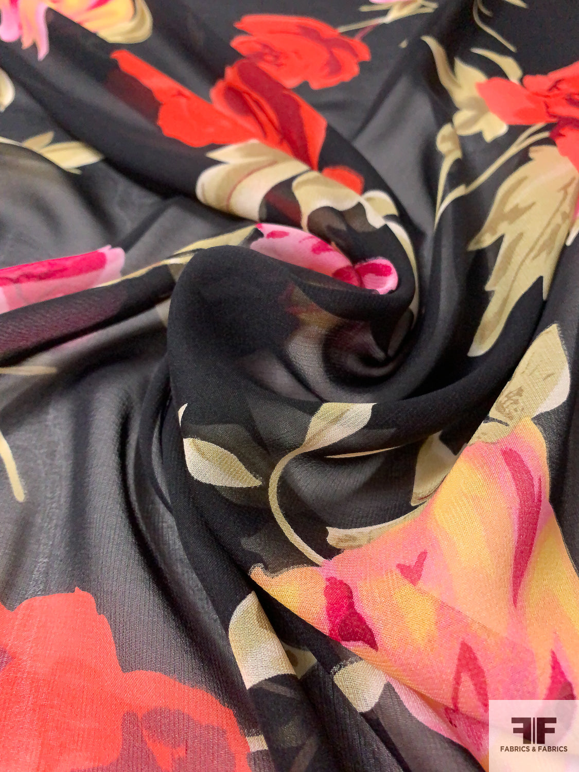 Bold Floral Printed Silk Chiffon - Hot Coral / Black / Olive