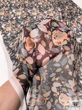 Watercolor Petals and Floral Crinkled Silk Chiffon - Peach / Dusty Teal / Beige / Black