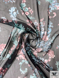 Ornate Trailing Floral Printed Silk Chiffon - Dusty Turquoise / Dusty Mauve / Black