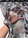 Ornate Trailing Floral Printed Silk Chiffon - Dusty Turquoise / Dusty Mauve / Black