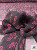 Vintage Betsey Johnson Ditsy Daisey Printed Crinkled Silk Chiffon - Magenta / Pumpkin Orange / Black