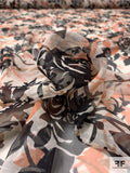 Floral and Leaf Silhouette Printed Silk Chiffon - Rusty Coral / Autumn Brown / Black / Off-White