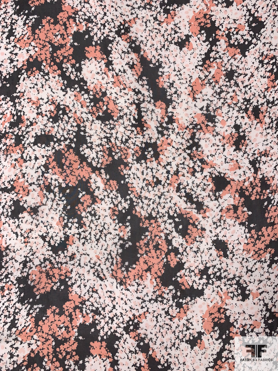 Splatter Clustered Ditsy Floral Silhouette Printed Silk Chiffon - Salmon Pink / Off-White / Black