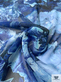 Evening Floral Printed Silk Chiffon - Blues / Navy