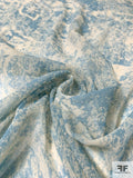 Italian Antique-Look Damask Printed Silk Chiffon - Dusty Turquoise / Oatmeal
