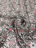 Italian Abstract Printed Silk Chiffon - Black / Light Ivory / Strawberry
