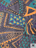Ethnic Inspired Collage Printed Silk Chiffon - Turquoise / Purple / Tangerine