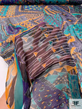 Ethnic Inspired Collage Printed Silk Chiffon - Turquoise / Purple / Tangerine
