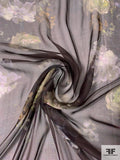 Dreamy Floral Printed Fine Silk Chiffon - Midnight Brown / Subtle Green / Grey