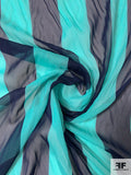 Italian Vertical Striped Printed Silk Chiffon - Turquoise / Navy