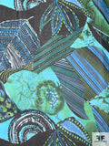 Exotic Leaf Graphic Collage Printed Silk Chiffon - Turquoise / Teal / Lime / Black