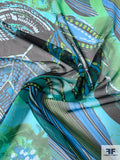 Exotic Leaf Graphic Collage Printed Silk Chiffon - Turquoise / Teal / Lime / Black