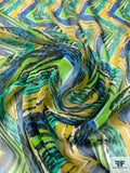 Chevron Vertically Printed Lightly Crinkled Silk Chiffon - Greens / Blue / Mustard