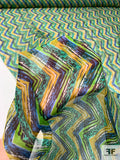 Chevron Vertically Printed Lightly Crinkled Silk Chiffon - Greens / Blue / Mustard