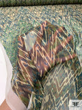 Ethnic Ikat Printed Lightly Crinkled Silk Chiffon - Earthy Green / Dark Teal / Brown