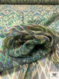 Ethnic Ikat Printed Lightly Crinkled Silk Chiffon - Earthy Green / Dark Teal / Brown