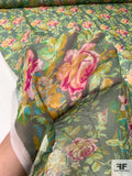 Floral Printed Silk Chiffon - Shades of Green / Magenta